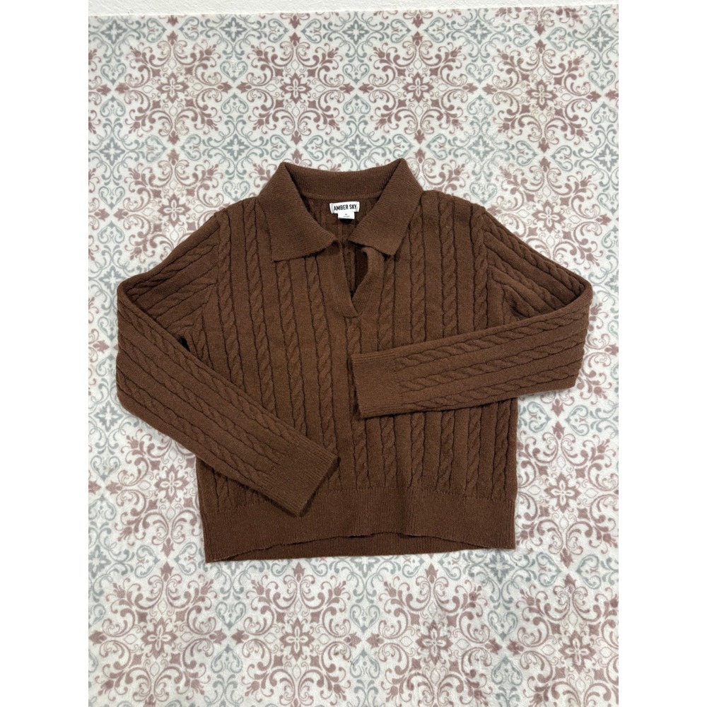 Amber Sky Brown Cable Knit Polo Sweater XL YCT030-T Long Sleeve V-Neck
